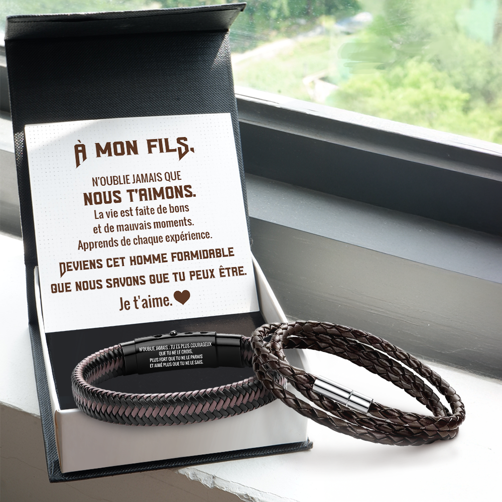 Bracelet En Cuir Tressé Marron Personnalisé - Famille - À Mon Fils - Je T’aime - Frgbzu16002