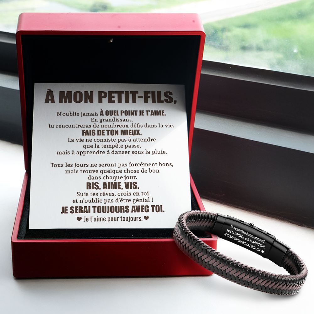 Bracelet En Cuir Tressé Marron Personnalisé - Famille - À Mon Petit-fils - Je Serai Toujours Avec Tol - Frgbzu22001